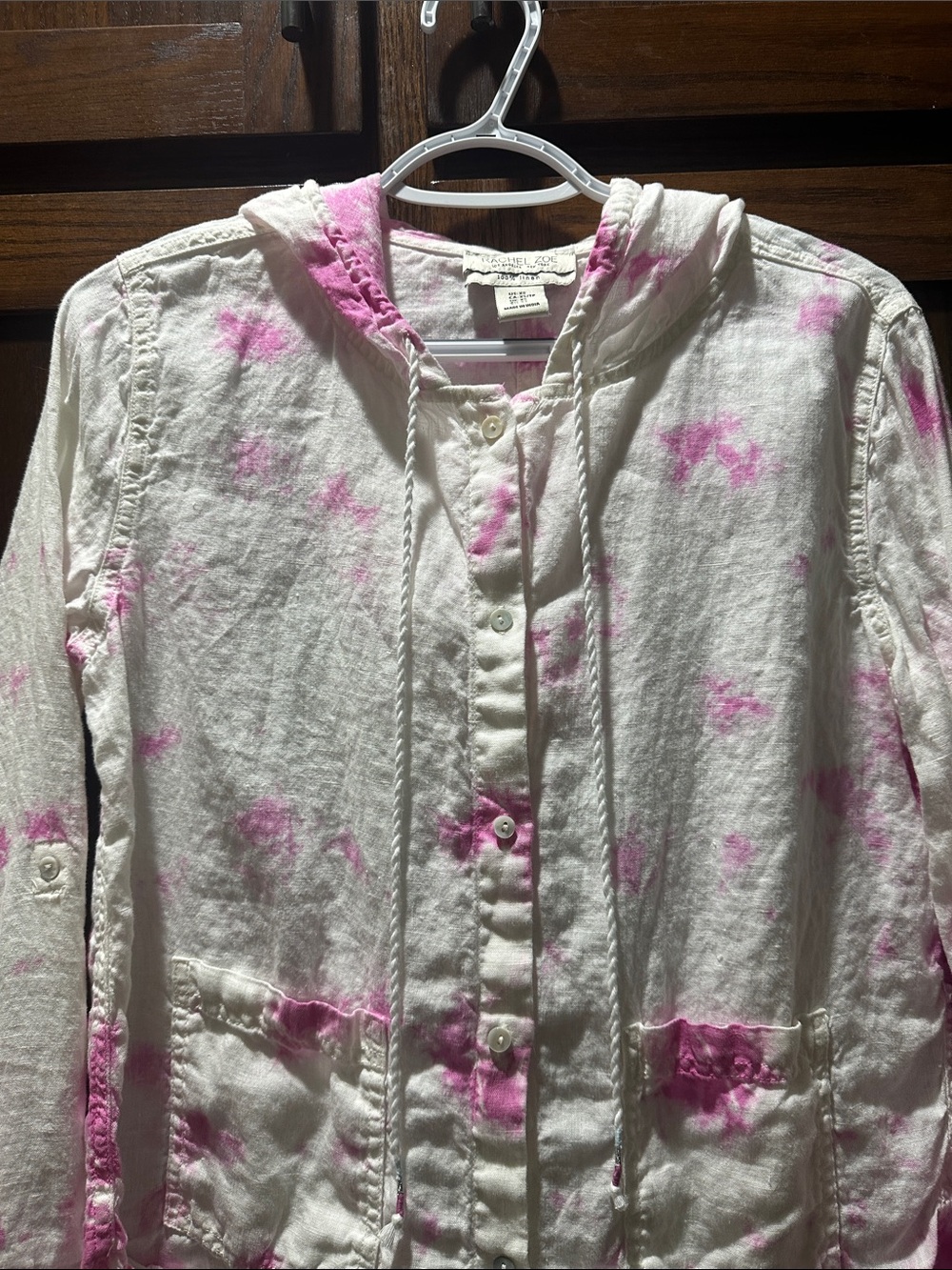 Rachel Zoe White Hooded Button-Front Jacket with Pink Tie-Dye